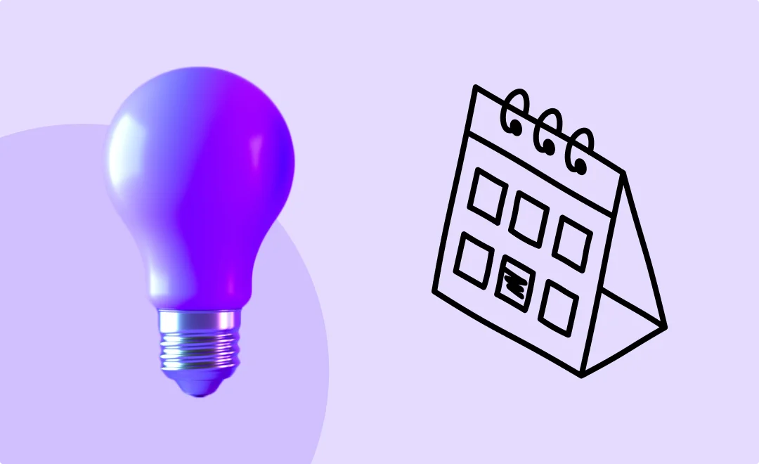 Illustration of a calendar and a photo of a purple colored light bulb on top on a purple background