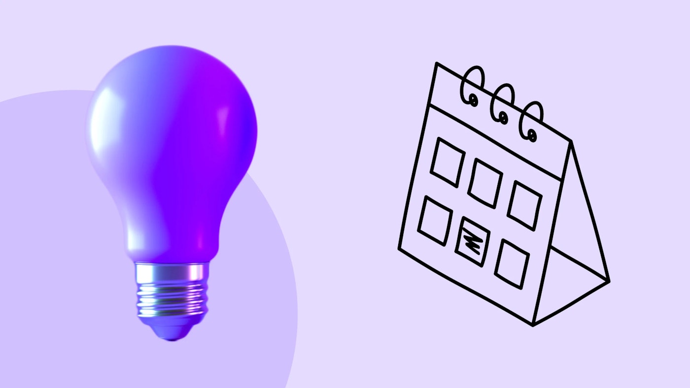 Illustration of a calendar and a photo of a purple colored light bulb on top on a purple background