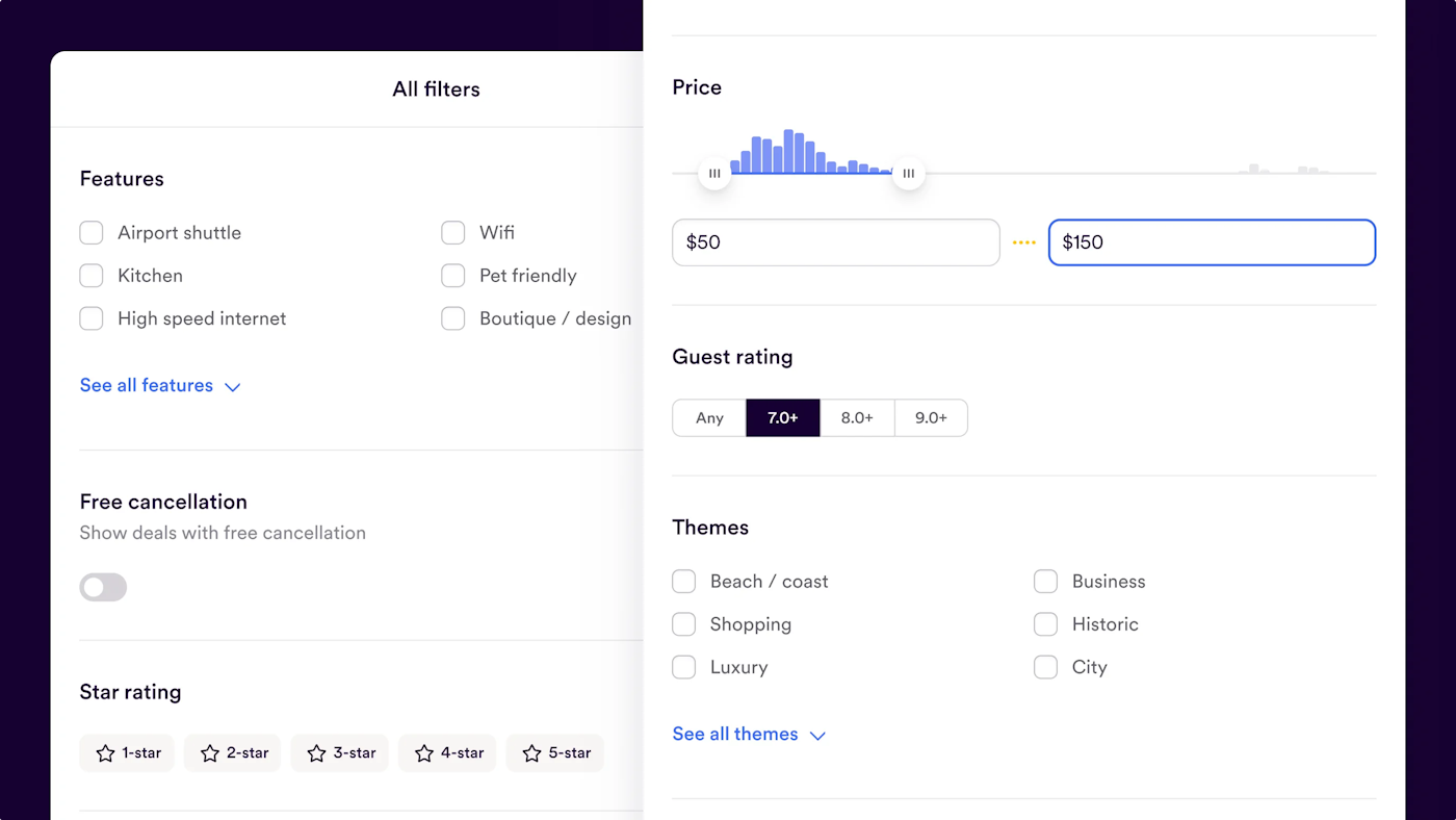 Two white User Interface snippets that show filter controls and a price range graph. The rightmost User Interface snippet lays on top of the leftmost User Interface snippet.