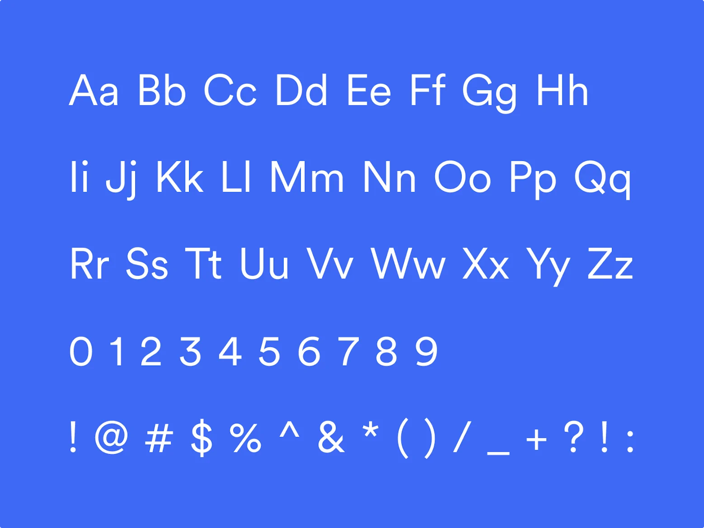 Characters of the Circular typeface displayed in both pairs of uppercase and lowercase versions of alphabetical characters, as well as numbers and other miscellaneous character. All characters as set in white on a blue background.
