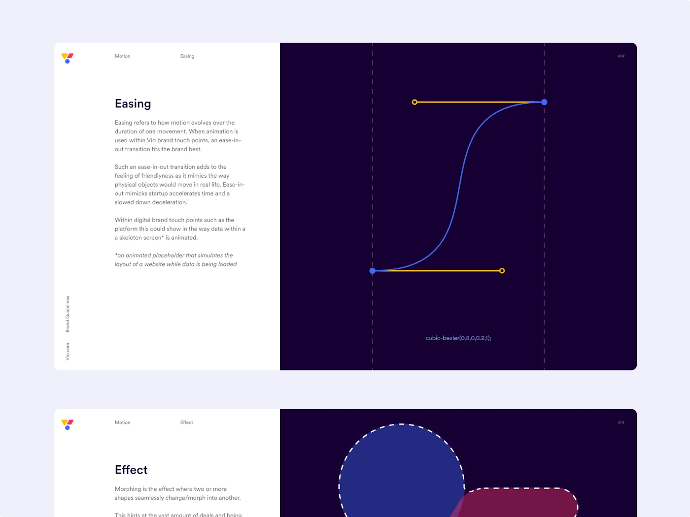 Two pages of a Brand Identity Guidelines document stacked underneath eachother. The bottom page only shows partly as the rest of the page doesn't show in the image crop. Each page has a heading with paragraph text beneath it, and over 60% of the page, on the right side, is a dark blue background that contains a graphic. The graphic in the topmost page mimics an animation easing curve.