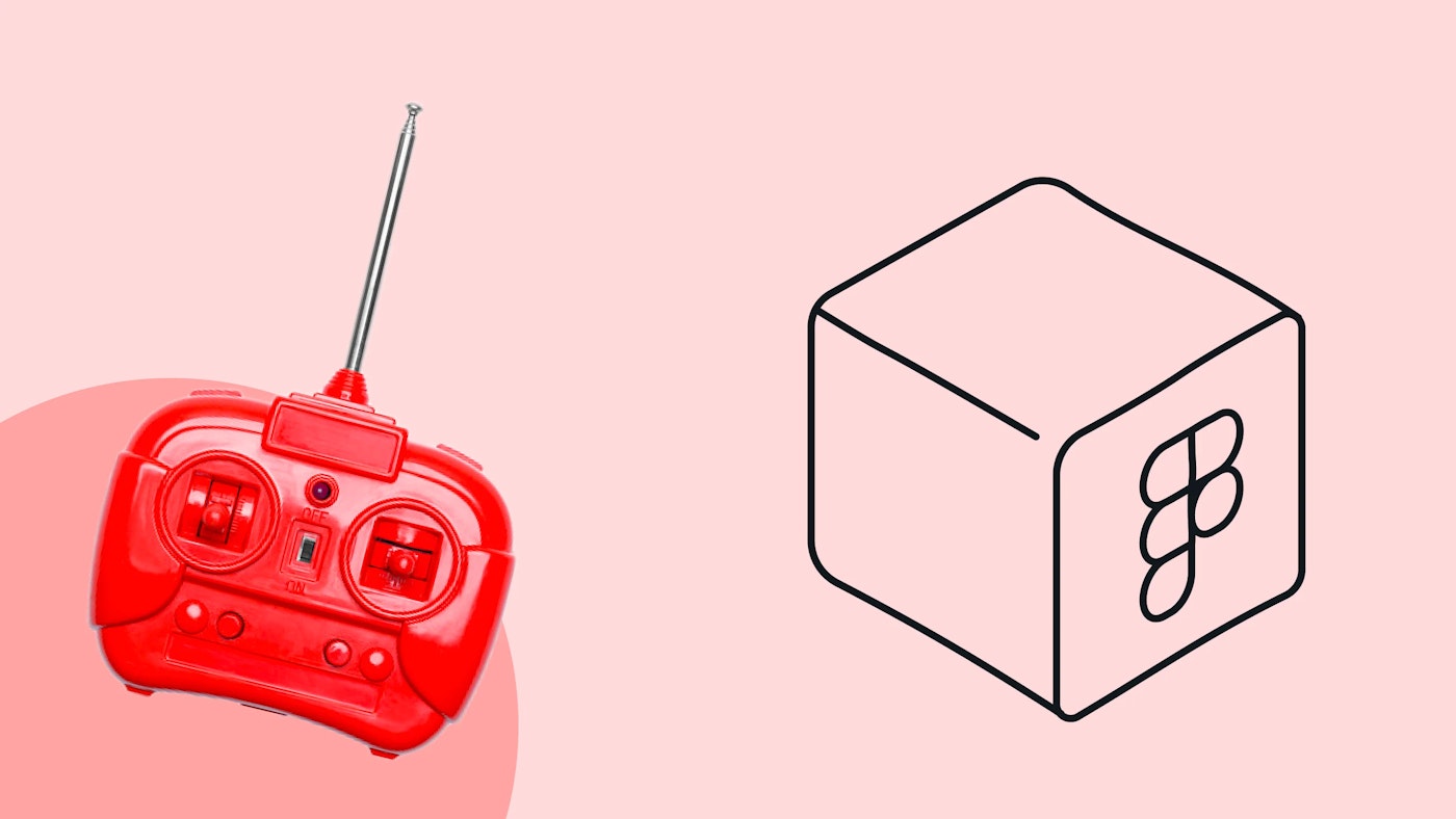 Illustration of a cube with an abstract alternate version of the Figma app logo, and a photo of a red colored remote control for a radio controlled toy car on a very light red background
