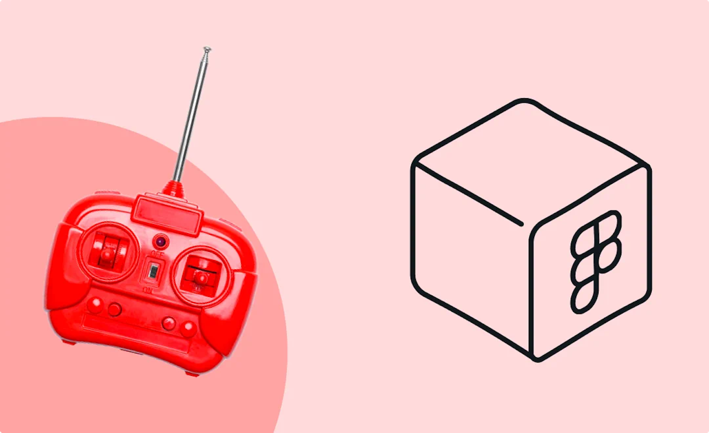 Illustration of a cube with an abstract alternate version of the Figma app logo, and a photo of a red colored remote control for a radio controlled toy car on a very light red background