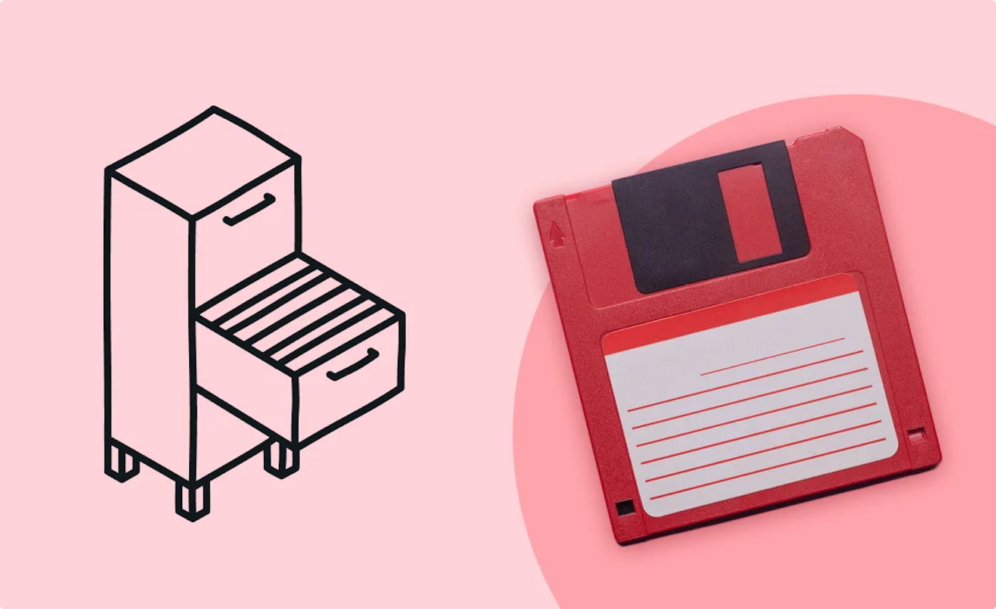 Illustration of a file cabinet with an open drawer with, and a photo of a red floppy disk on a very light red background