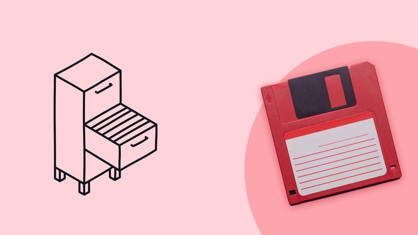 Illustration of a file cabinet with an open drawer with, and a photo of a red floppy disk on a very light red background