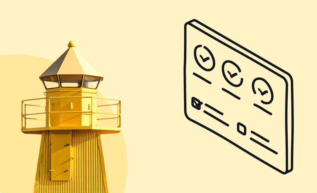 Illustration of an abstract dashboard that shows checkmarks and hints of text and graphs, and a photo of a square shaped yellow lighthouse on a very light yellow background