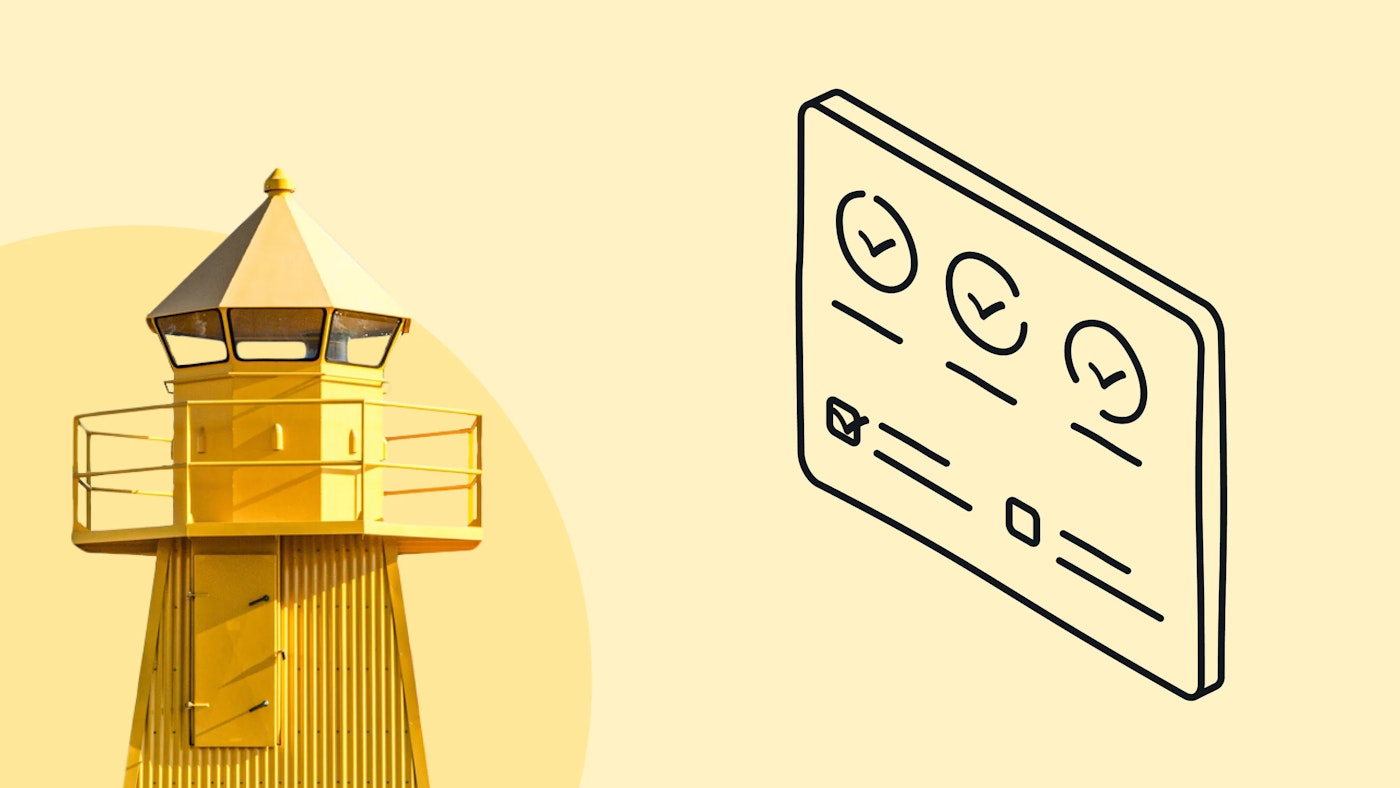 Illustration of an abstract dashboard that shows checkmarks and hints of text and graphs, and a photo of a square shaped yellow lighthouse on a very light yellow background