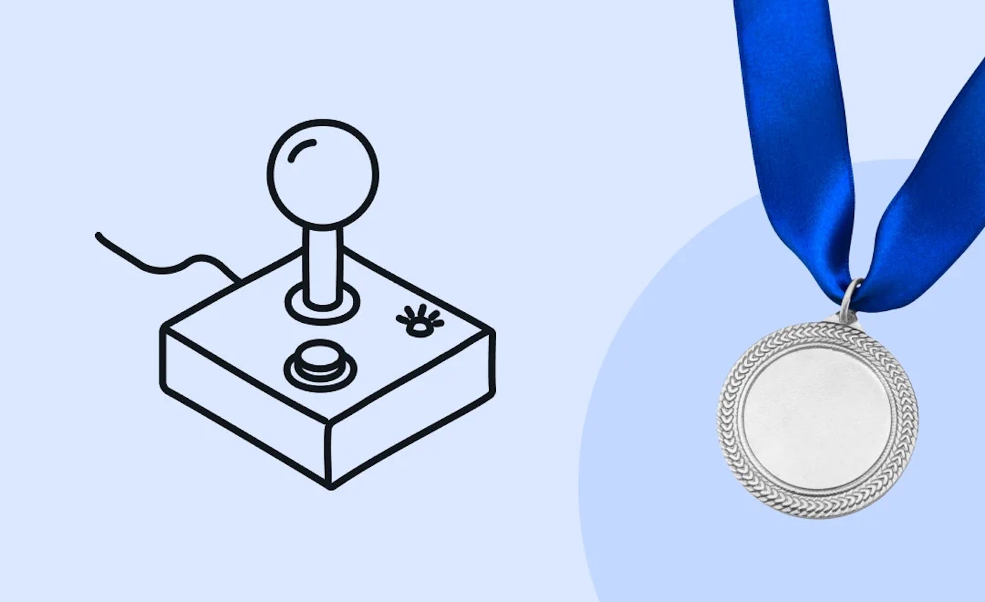 Illustration of a gaming joystick, and a photo of a blue ribbon with a silver medal attached on a light blue background