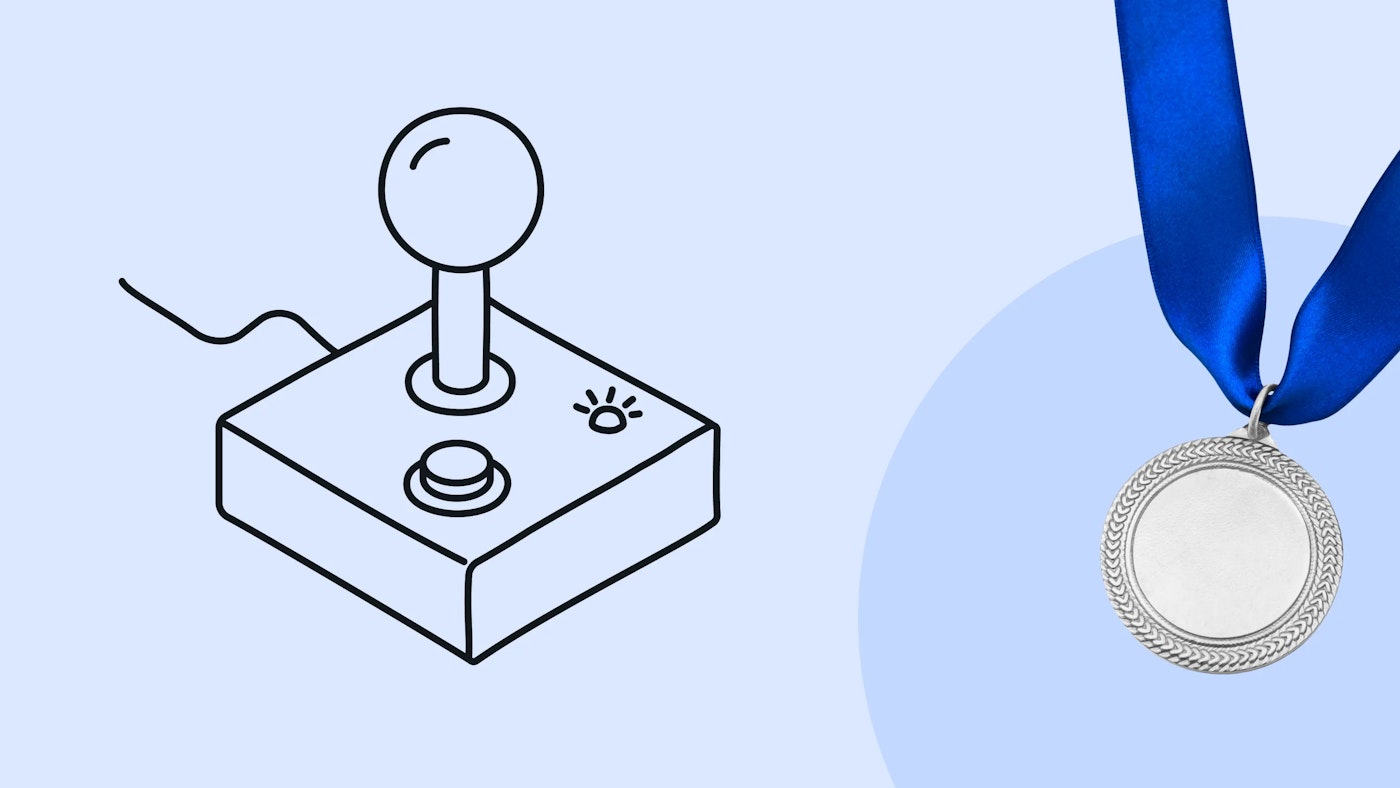 Illustration of a gaming joystick, and a photo of a blue ribbon with a silver medal attached on a light blue background