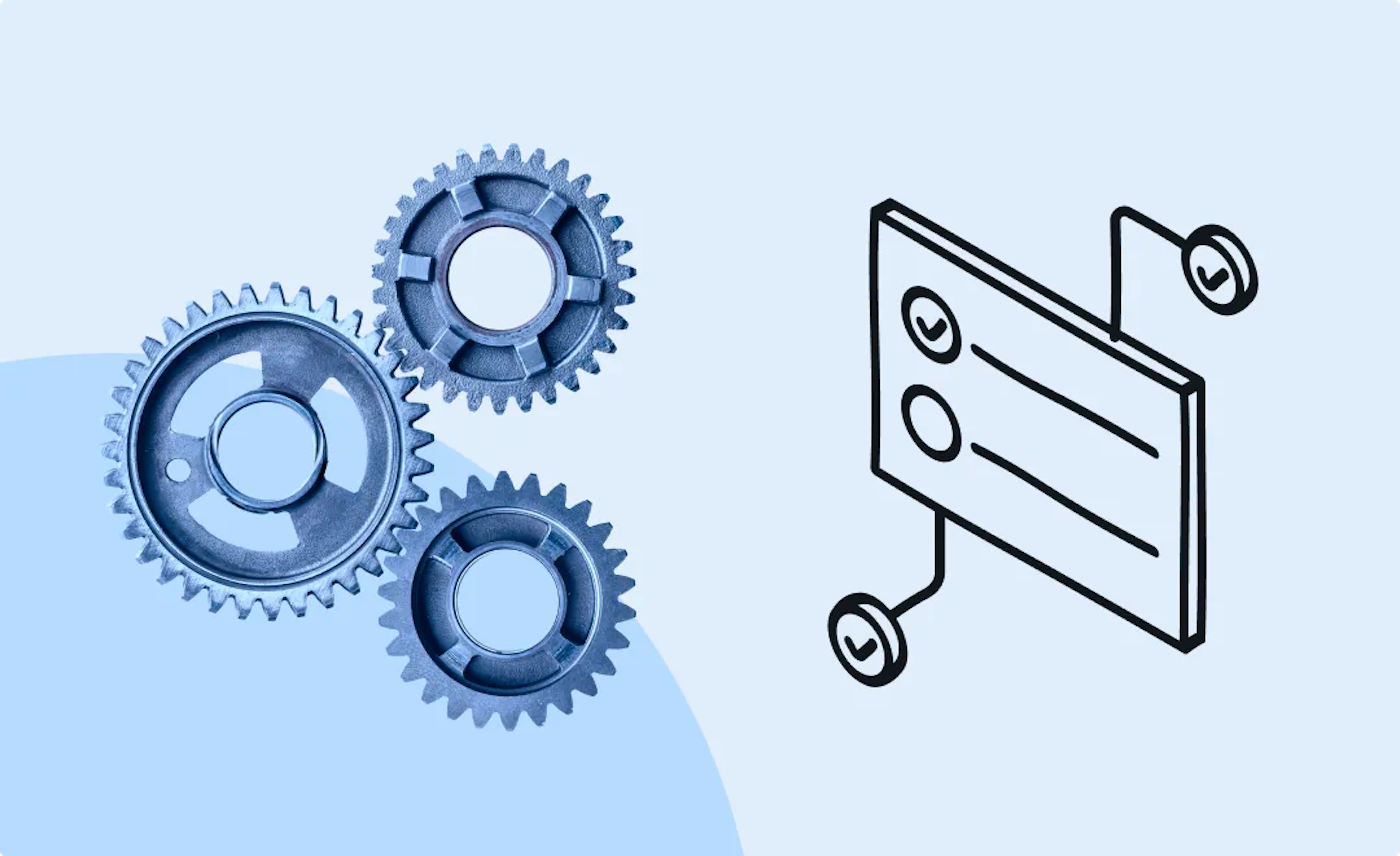 Illustration of an abstract to do list, and a photo of three differently sized connected blueish cogwheels on a light blue background