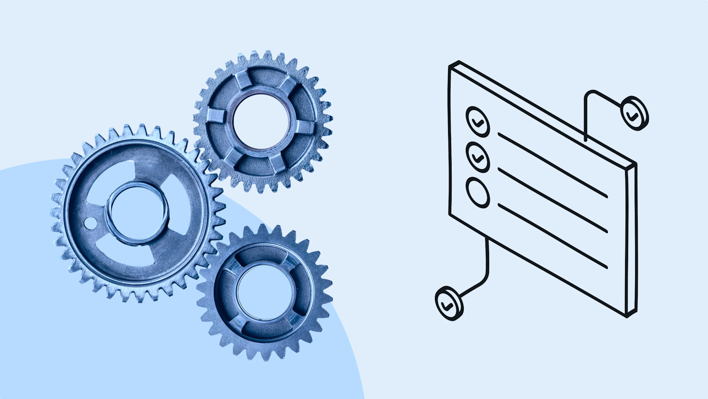 Illustration of an abstract to do list, and a photo of three differently sized connected blueish cogwheels on a light blue background