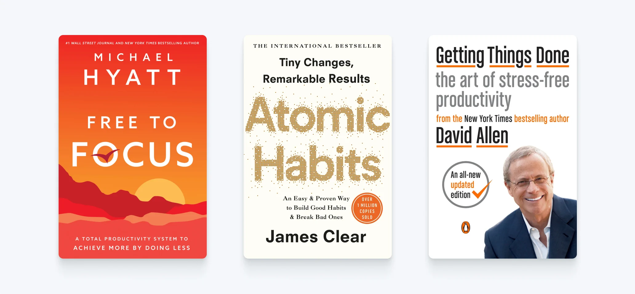 Three book covers side by side on a light gray background. All three books have titles that hint at focus and productivity.