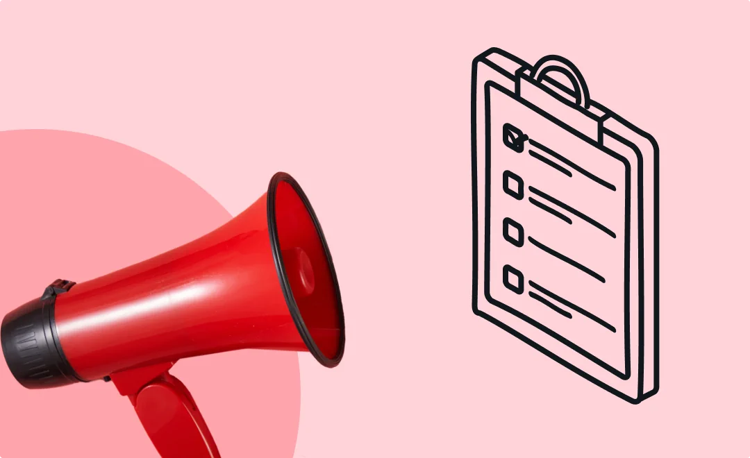 Illustration of an abstract checklist, and a photo of a red colored bullhorn on a light red background