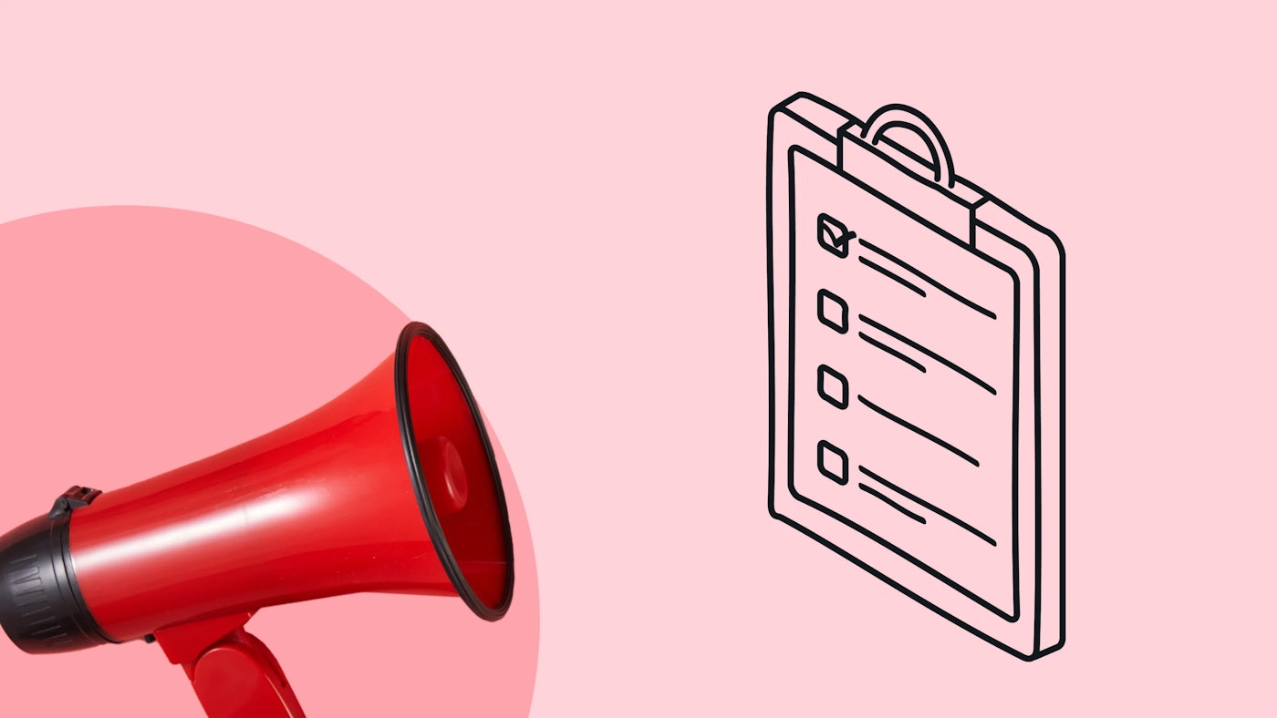Illustration of an abstract checklist, and a photo of a red colored bullhorn on a light red background