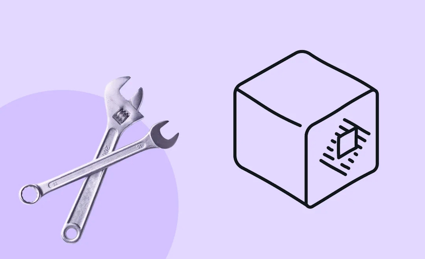 Illustration of a cube with a simplified Raycast logo on one side, and a photo of two wrenches on a light purple background