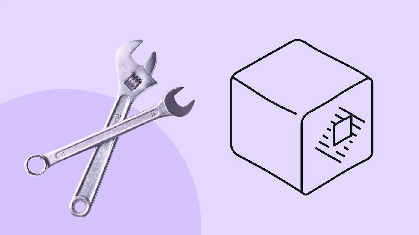 Illustration of a cube with a simplified Raycast logo on one side, and a photo of two wrenches on a light purple background