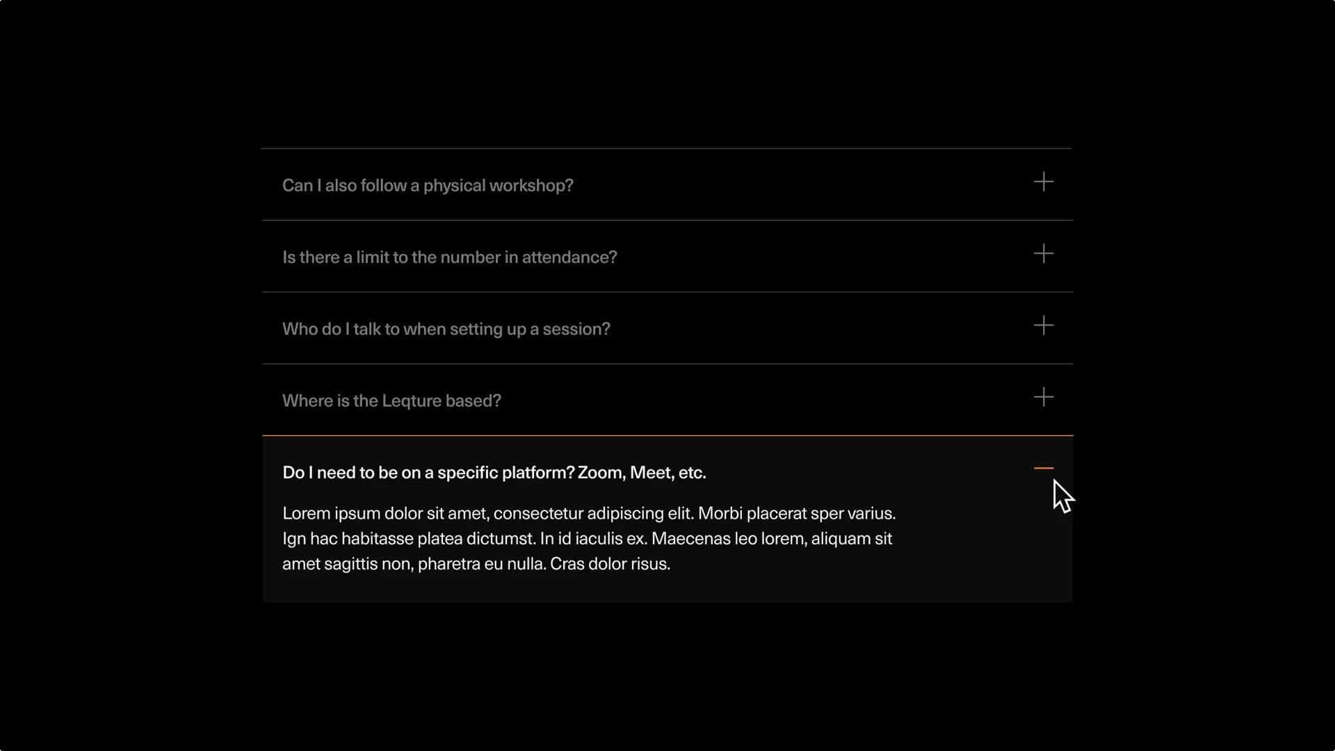 Black website design for Leqture showing an FAQ