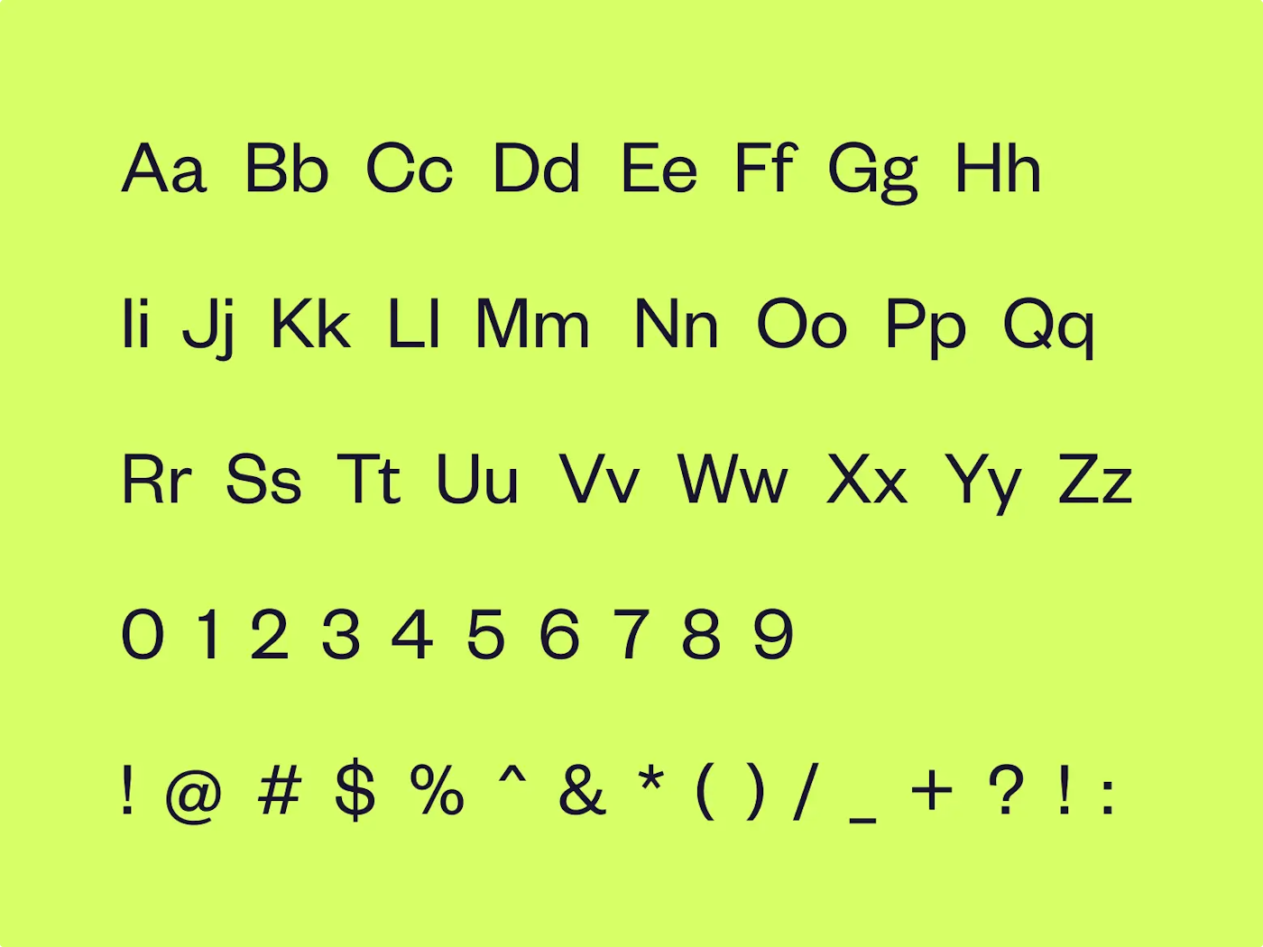 Characters of the Founders Grotesk typeface displayed in both uppercase and lowercase versions