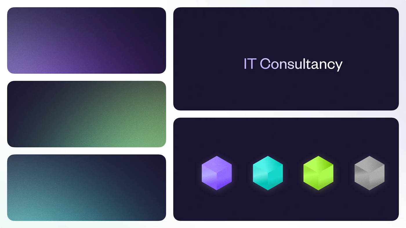 Five rounded rectangles that displays the use of gradients in backgrounds, shapes and text