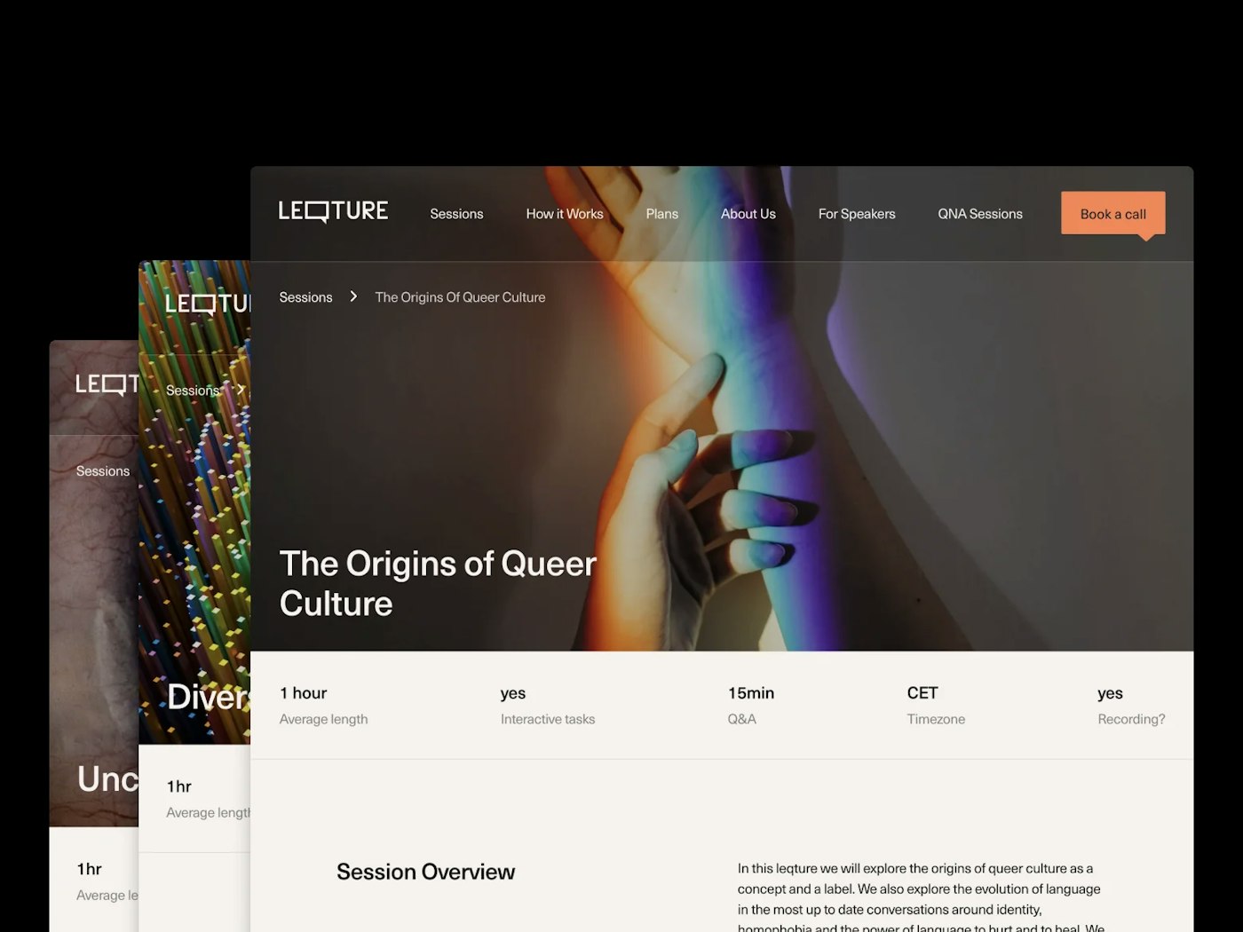 Website design of Leqture showing 3 templates with big images
