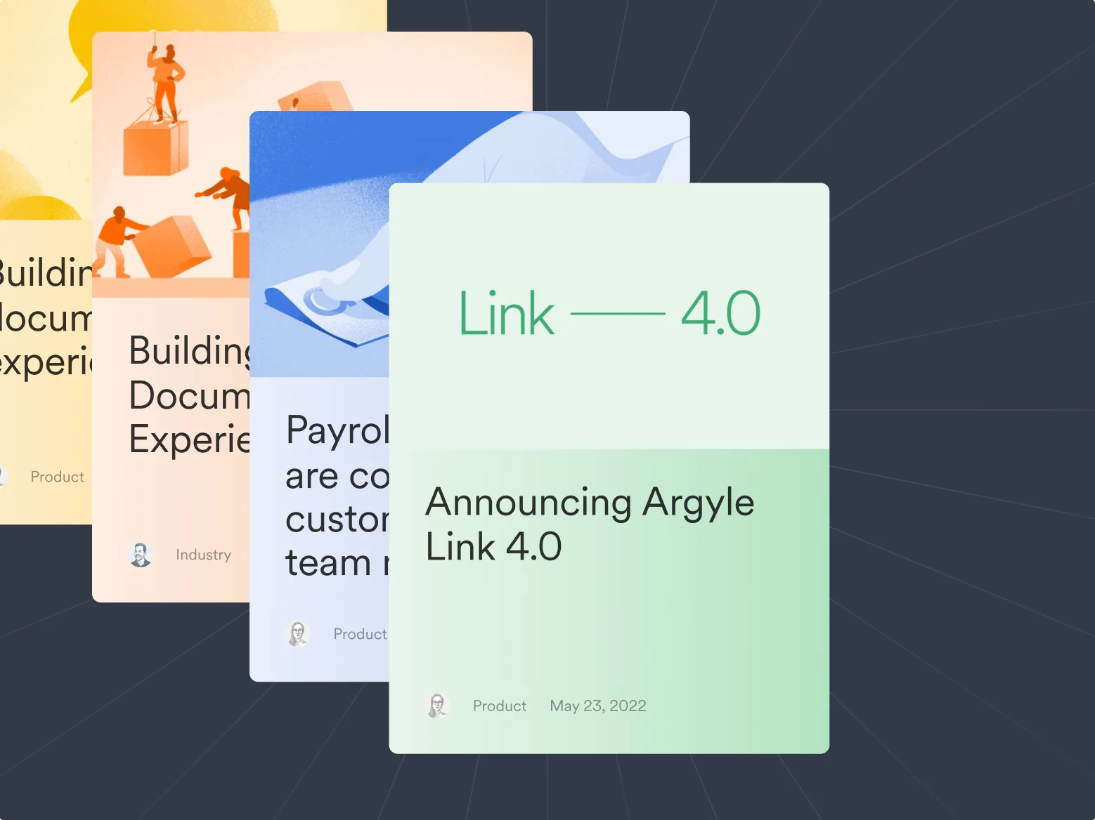Four bright colored cards with illustrations an text on them, each overlappping another one.
