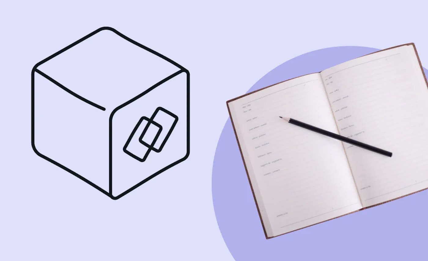 Illustration of a cube with an abstaction of the Whimsical logo on it, and a photo of a note book with a pencil on a light purple background