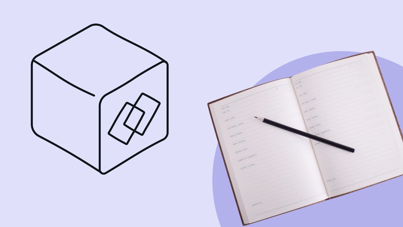 Illustration of a cube with an abstaction of the Whimsical logo on it, and a photo of a note book with a pencil on a light purple background