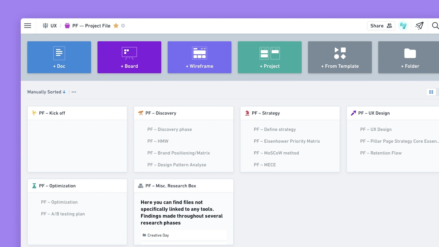 Screenshot of the Whimsical user interface that shows a template project file consisting a grid of cards.