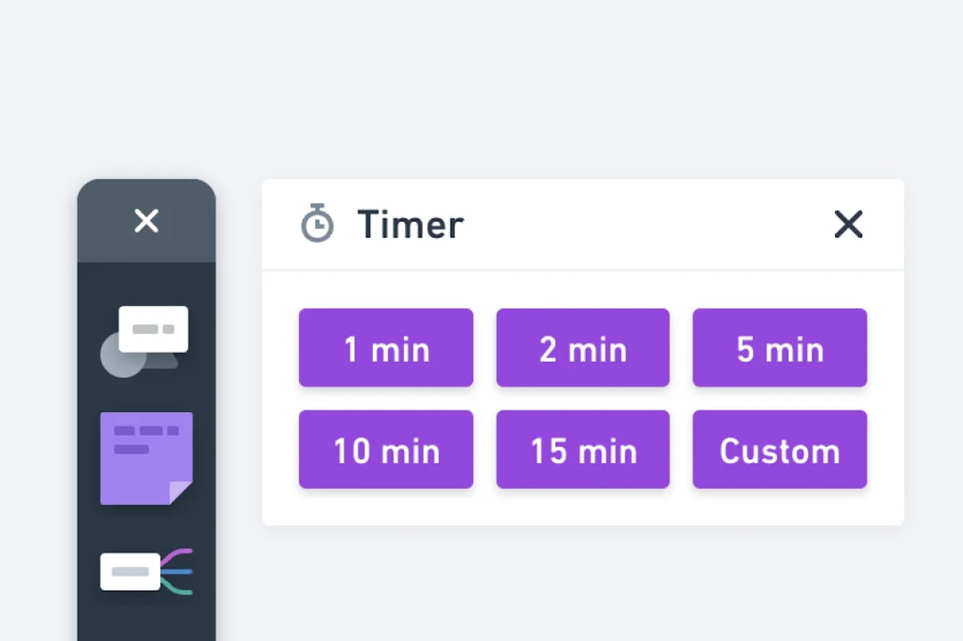 Screenshot of a crop of Whimsical's user interface that partially shows a toolbar with a white cards next to it that has six purple buttons on it. Each purple button shows a white text, displaying an amount of minutes.