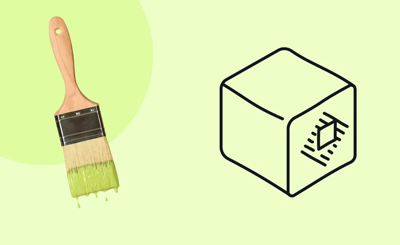 Illustration of a cube with a simplified raycast logo on it and a photo of a wooden paint brush with dripping green paint from the brush hairs, on a light green background