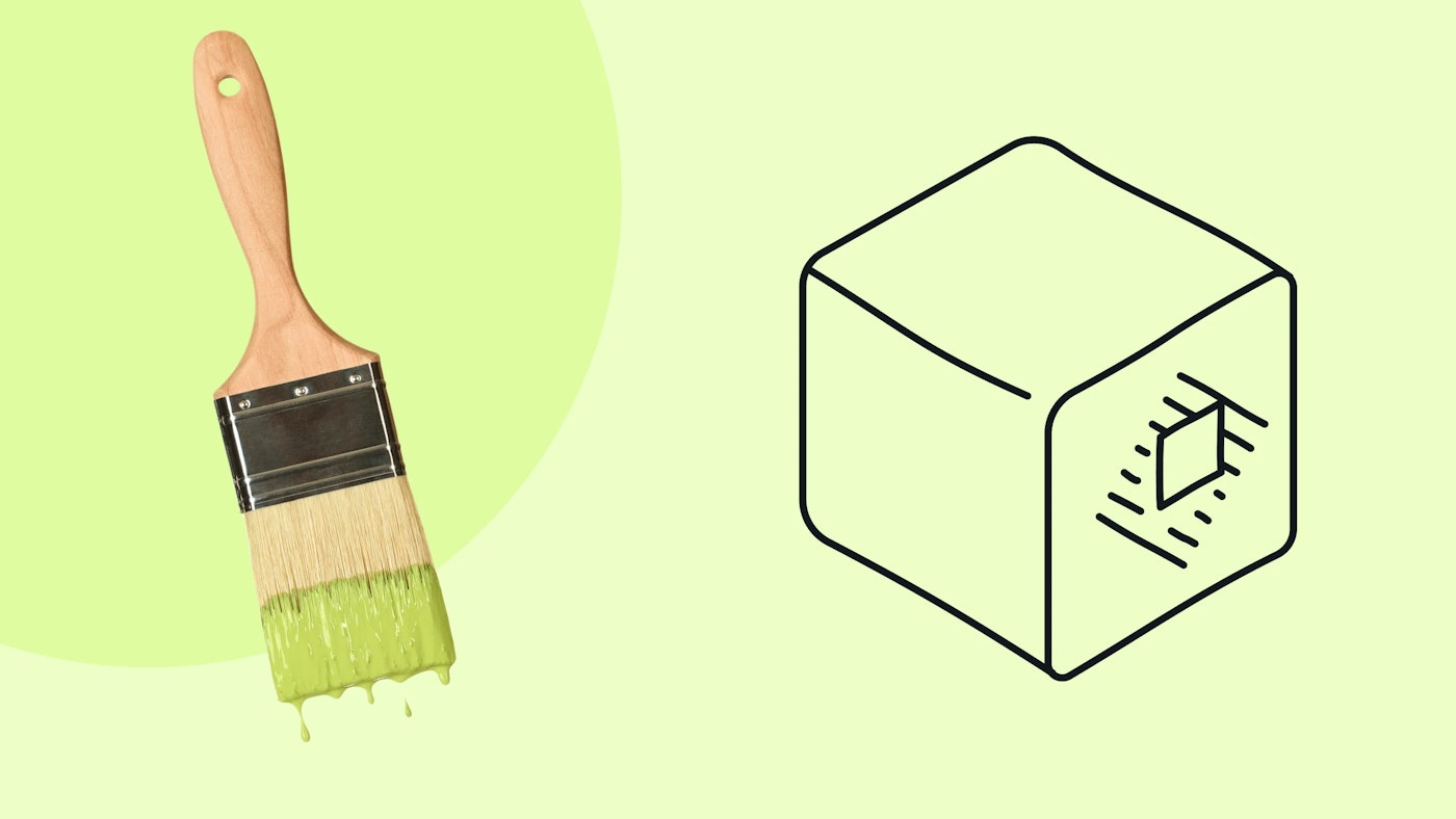 Illustration of a cube with a simplified raycast logo on it and a photo of a wooden paint brush with dripping green paint from the brush hairs, on a light green background