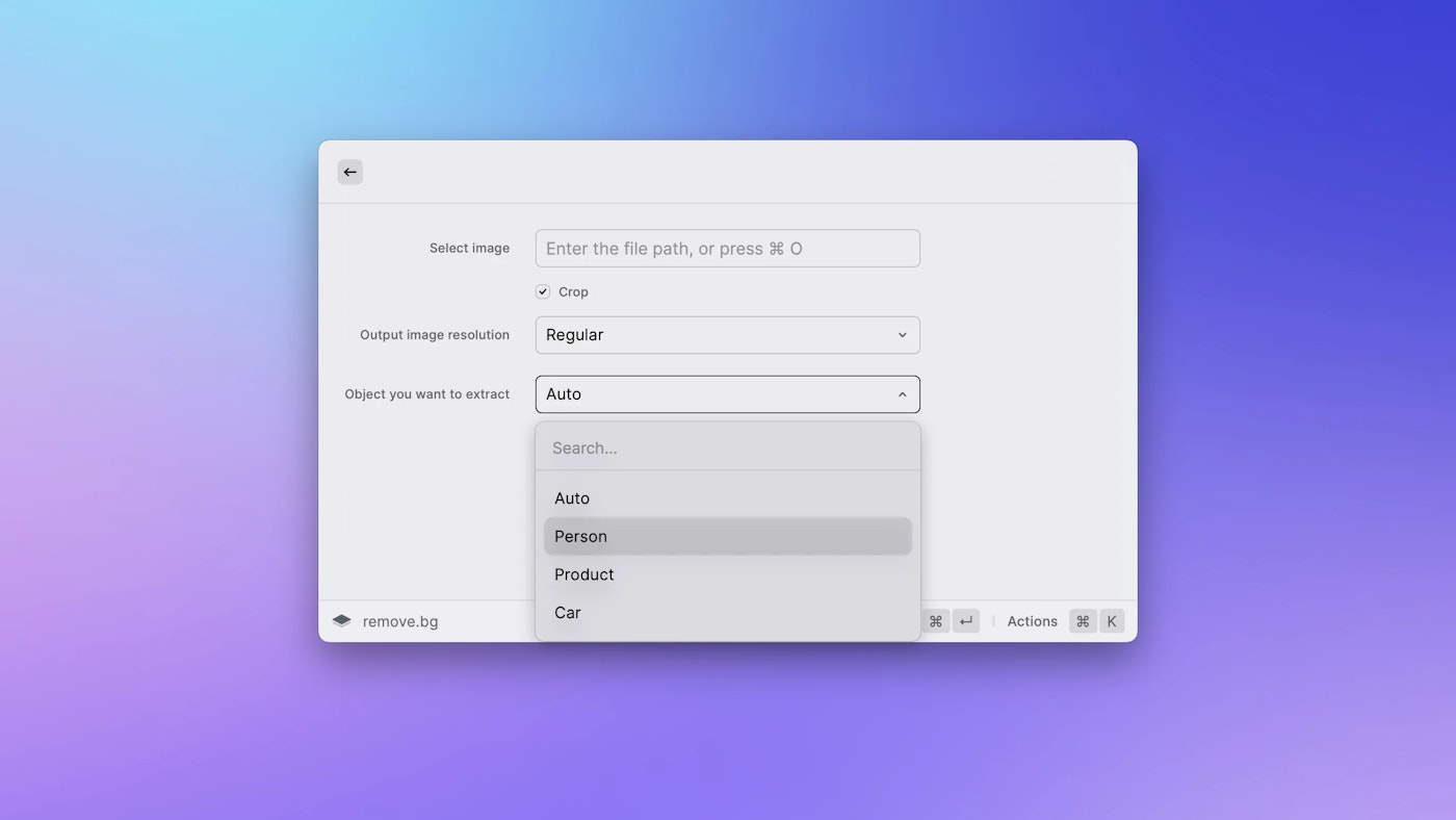 Raycast interface that shows as a macOS app window. The app's window is placed blue purple mesh gradient wallpaper