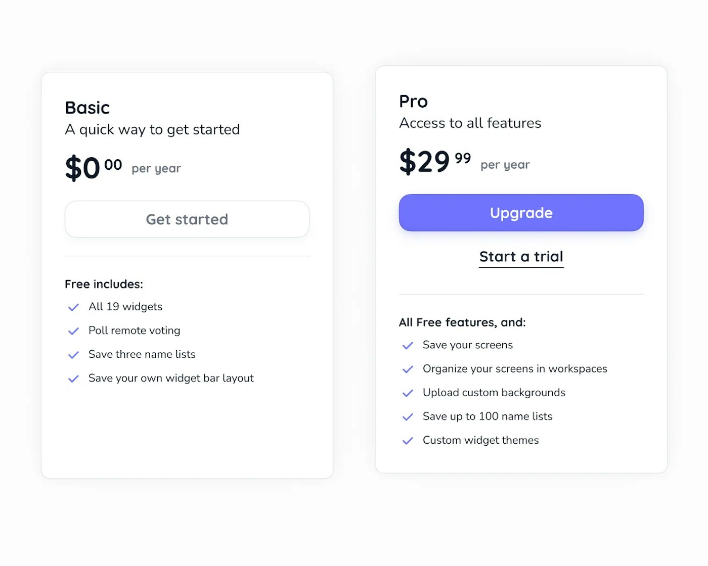 Two white cards that display pricing plan related text and buttons. On one of the card the button has a purple-blue background color.