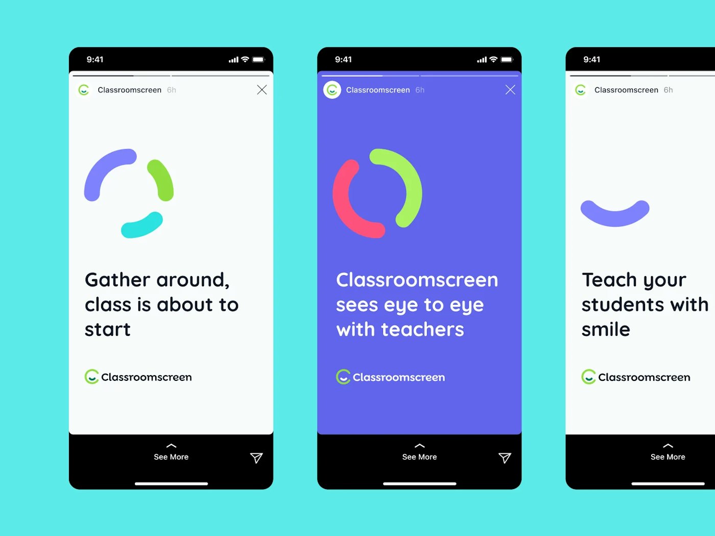Three mobile phone shaped images that each show an Instagram story-like interface with a social post design for Classroomscreen