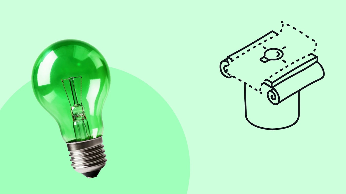 Illustration of a pedestal. On the pedestal is a dotted outlined paper scroll with a light bulb in the middle. The illustration is combined with  a photo of a light bulb on a light green background