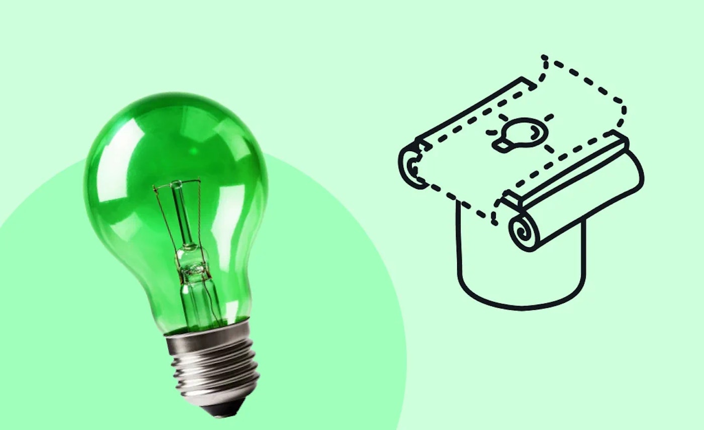 Illustration of a pedestal. On the pedestal is a dotted outlined paper scroll with a light bulb in the middle. The illustration is combined with  a photo of a light bulb on a light green background