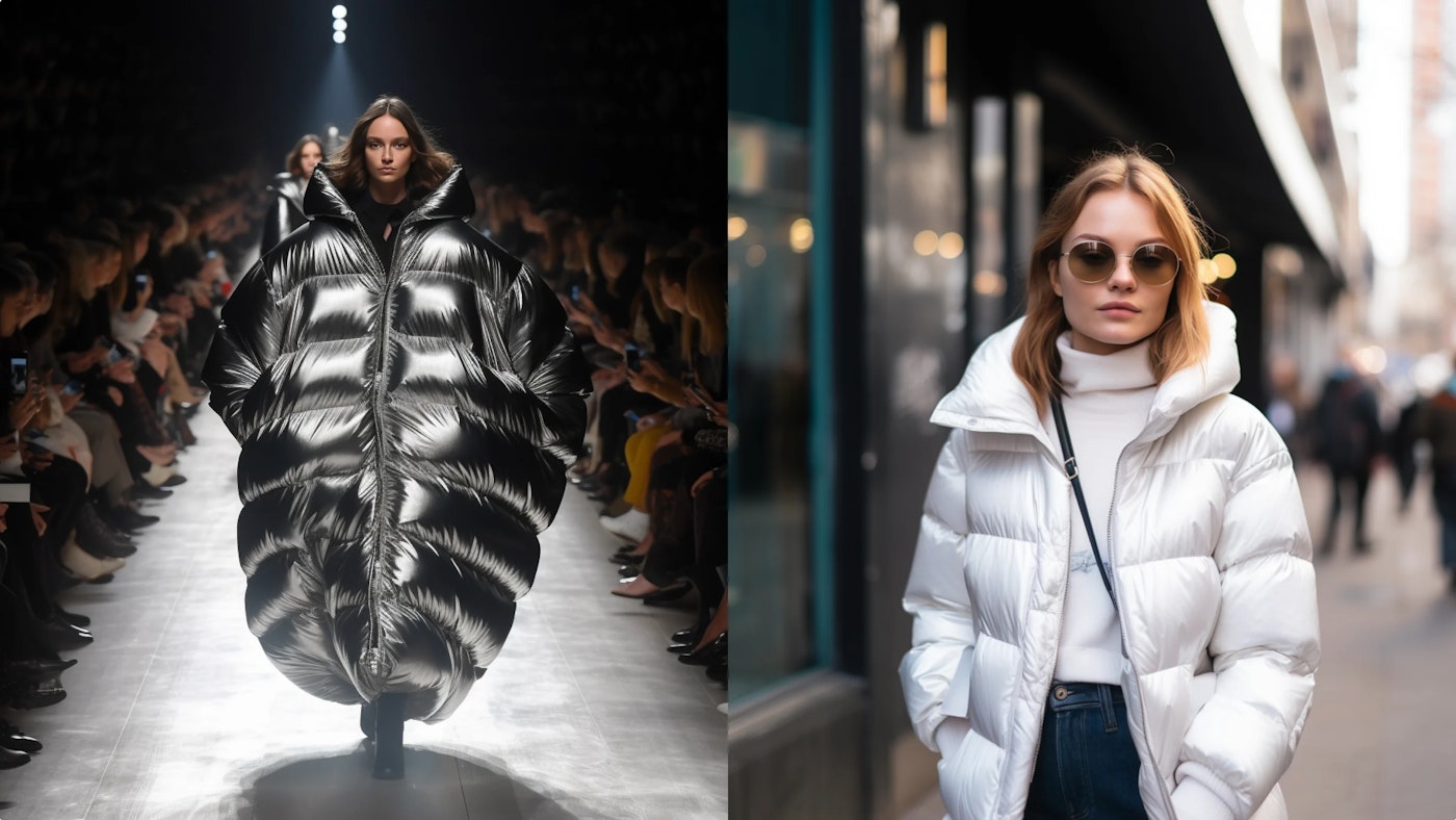 Two separate photos side by side. The left photo shows a high fashion catwalk with in the center a person wearing an extremely oversized shiny silver colored puffer jacket. In the left photo is another person who is wearing a white semi shine puffer jacket.