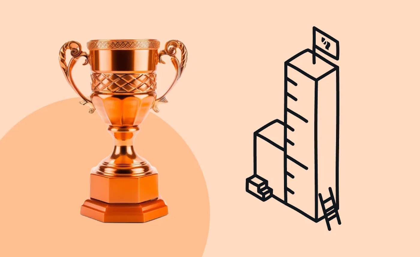 Illustration of two rectangular shapes blocks of which one has ruler like lines and a flag planted on top, and a photo of an orange shiny trophy on a light orange background