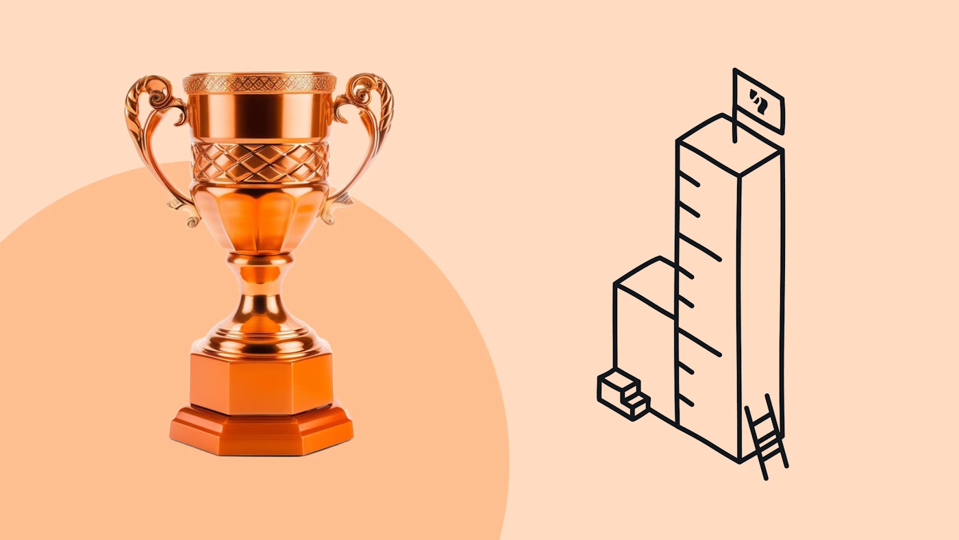 Illustration of two rectangular shapes blocks of which one has ruler like lines and a flag planted on top, and a photo of an orange shiny trophy on a light orange background