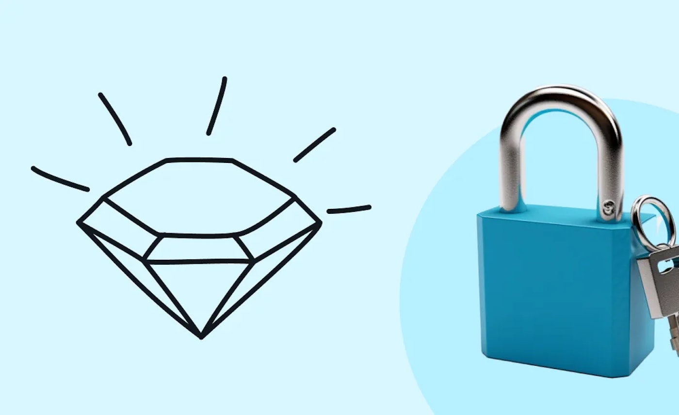 Illustration of a diamond, and a photo of a blue bodies padlock with a key leaning against i on a light blue background