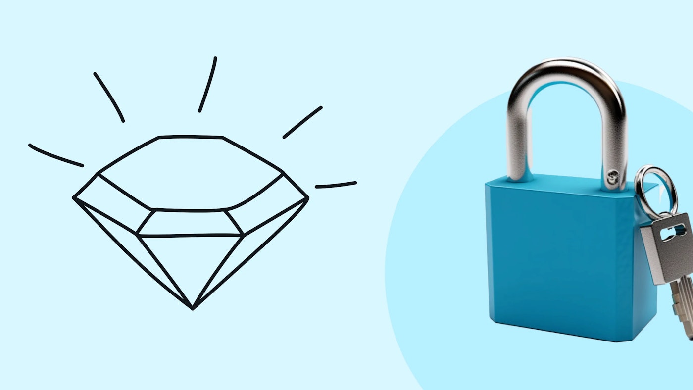 Illustration of a diamond, and a photo of a blue bodies padlock with a key leaning against i on a light blue background