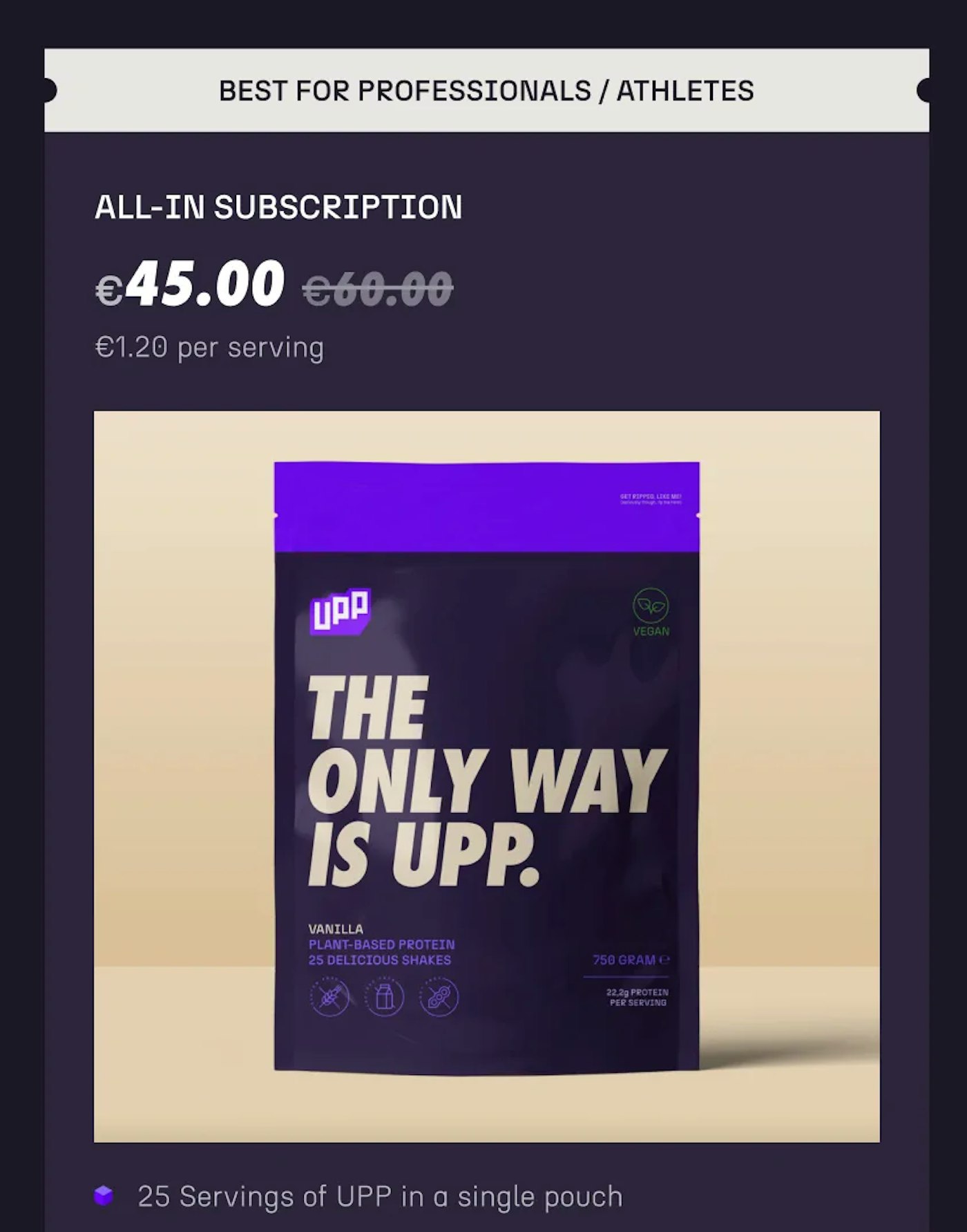 Dark purple ecommerce pricing interface element that features an image of protein packaging on a beige background.