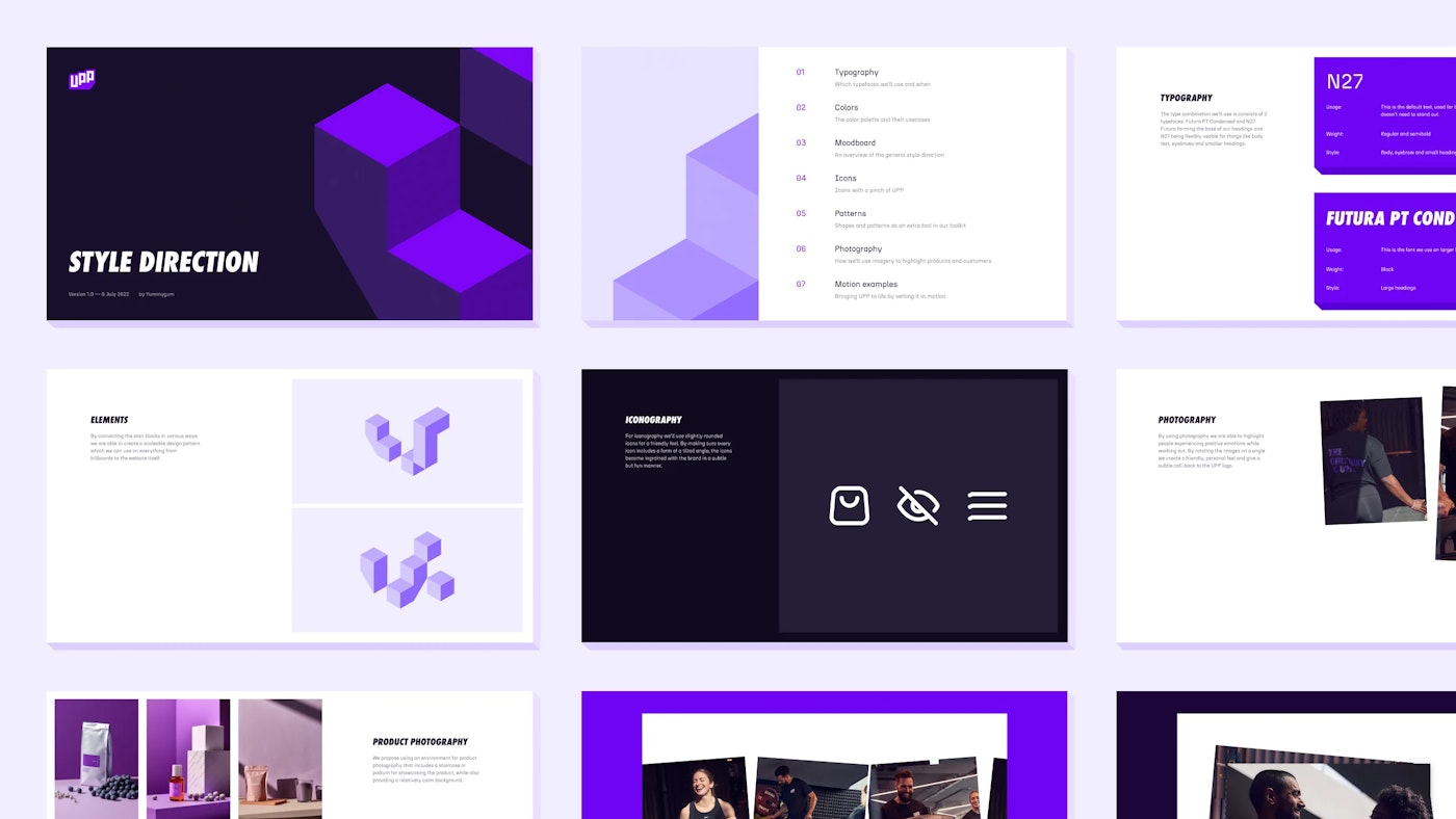 Grid of images that convey style direction presentation deck slides, on a light purple background. Amongst other things, the deck slides show text and block shapes. The right most column of slides is partially visible, as is the bottom row of slides.