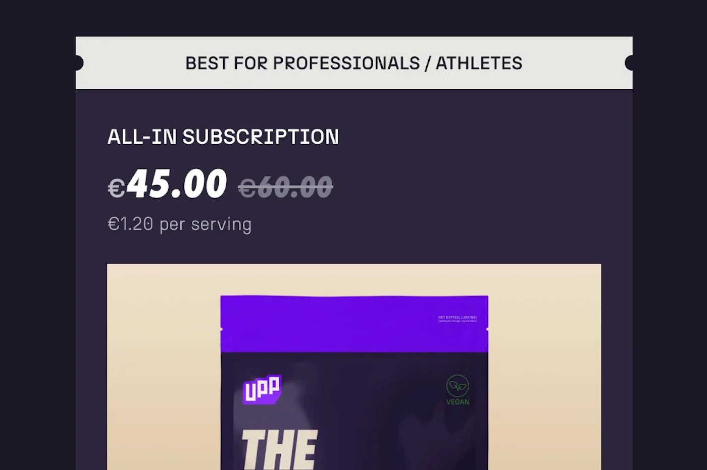 Dark purple ecommerce pricing interface element that features an image of protein packaging on a beige background.