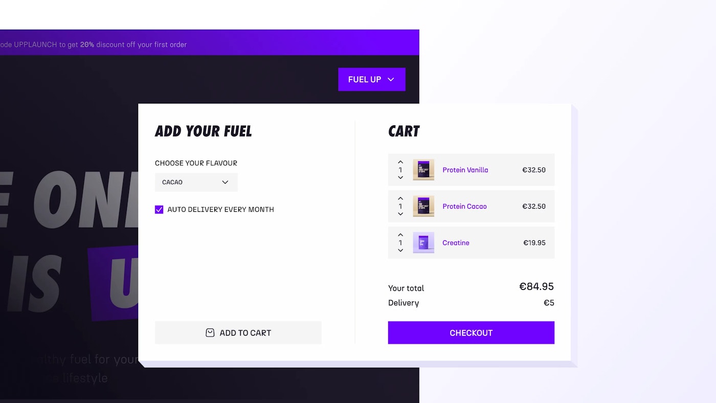 Top right crop of an ecommerce website header that shows a shopping cart contents dropdown. The shopping cart contains text and protein related shopping items, along with item and total prices. On the bottom right of the dropdown is a purple button that says 'checkout'.
