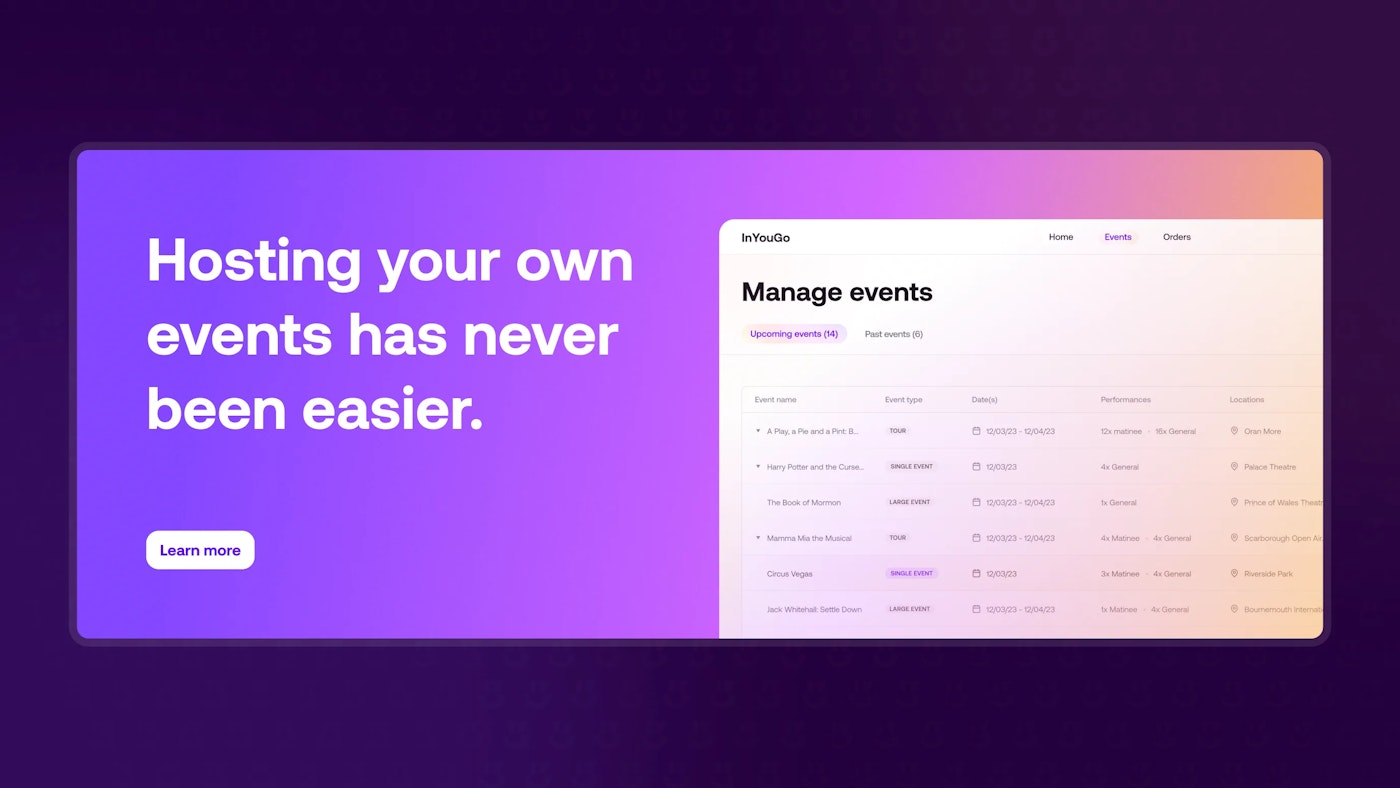 Rectangular container with a purple to pink gradient background. On the colored background there's a large white title and a button. Besides that is a crop of a web application user interface light with a table element.