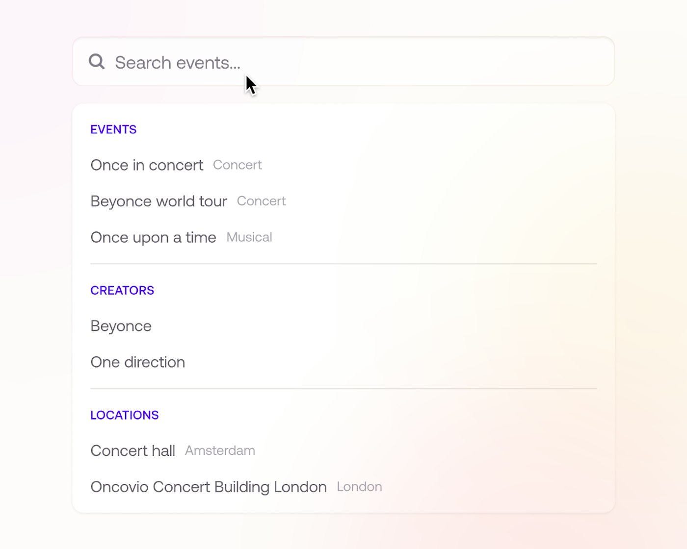 A dropdown user interface element that shows groups of purple colored label and dark gray colored items. Above the dropdown element is a search field that has placeholder text that reads 'search events'.