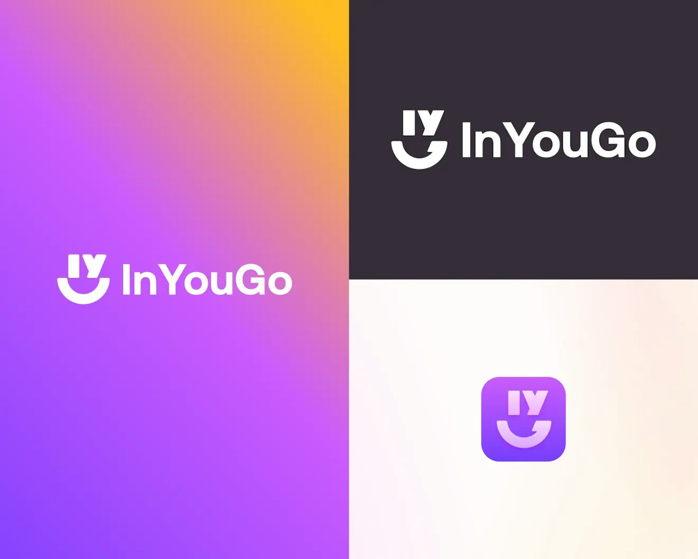 Three containers displaying the same logo on different backgrounds. Two of the logo versions read the text InYouGo and one is a logomark on top of a purple rounded square, resembling an app icon.