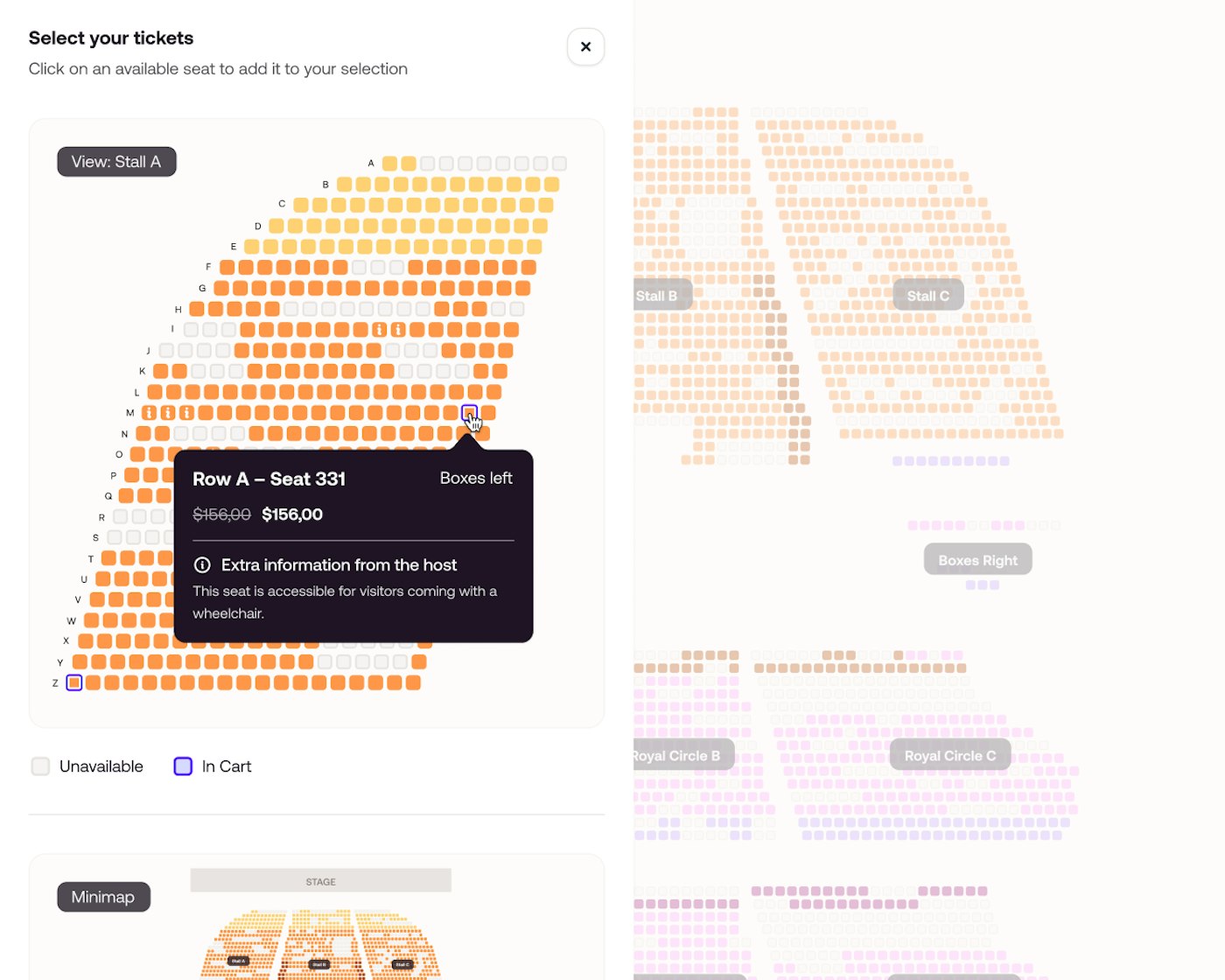 Crop of a user interface that allows its users to pick a seat in a venue by selecting a orange or yellow colored block that represent a seat in the venue. There is one seat that looks selected and shows a near black colored tooltip that has white colored text on top, displaying information about that seat and its pricing.