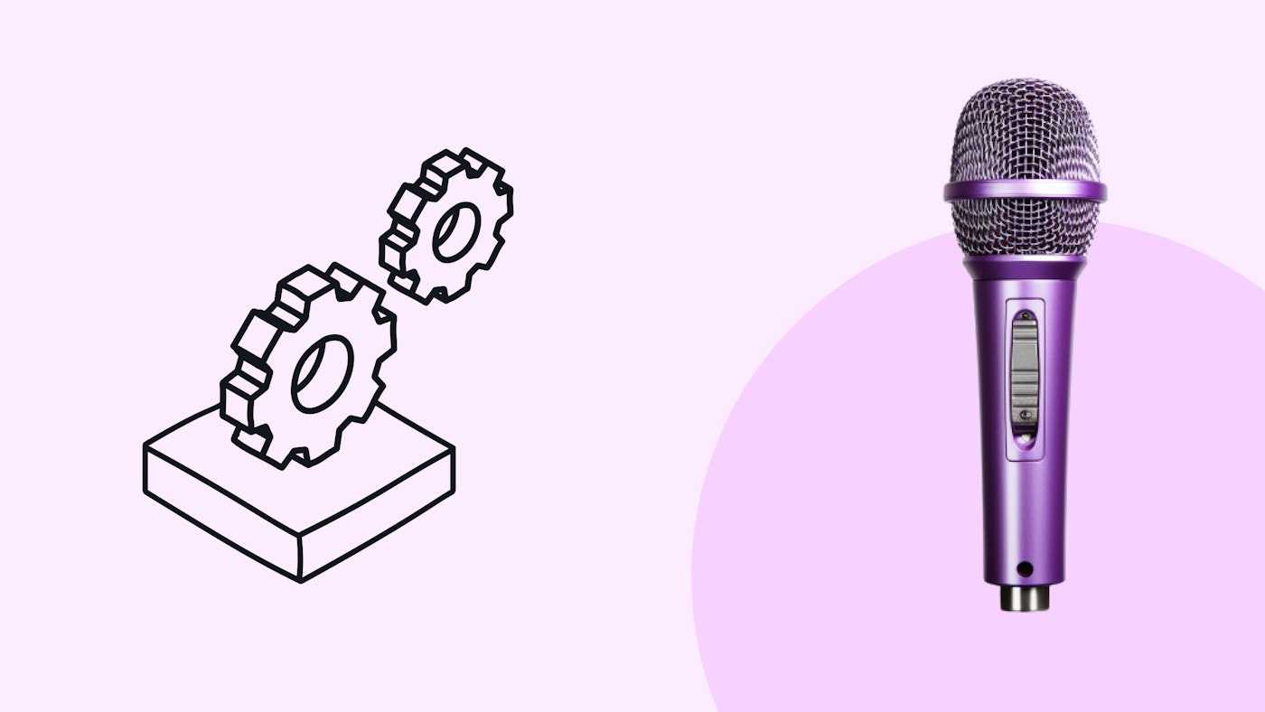 Illustration of two cog wheels, and a photo of a microphone on a light purple background